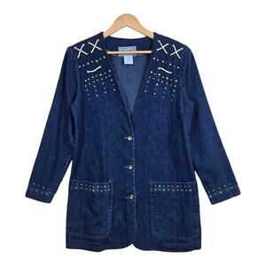 Vintage Embellished Denim Blazer Jacket Nautical Western Dark Wash